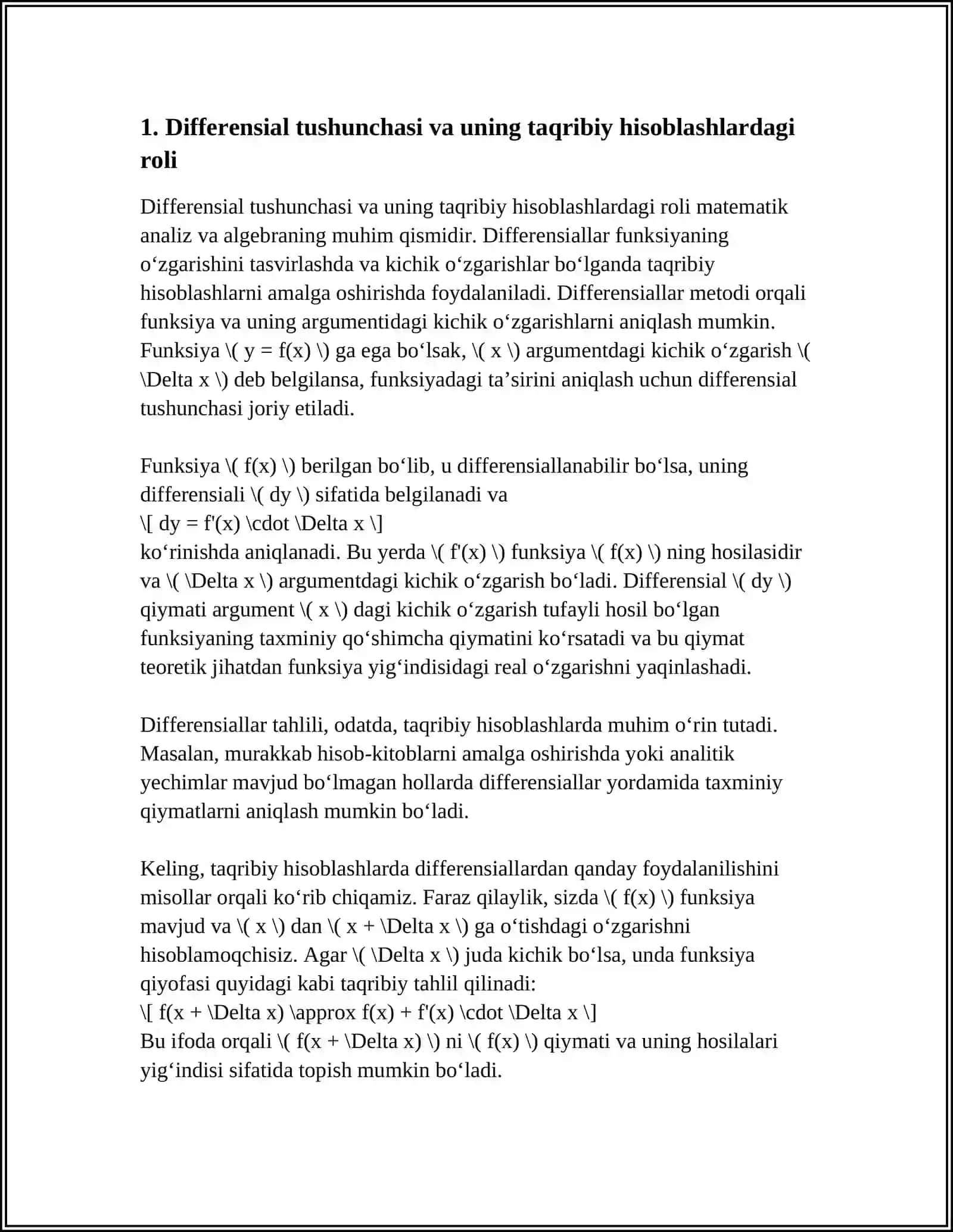 DIFFERENSIALLARDAN TAQRIBIY HISOBLASHLARDA FOYDALANISH 3