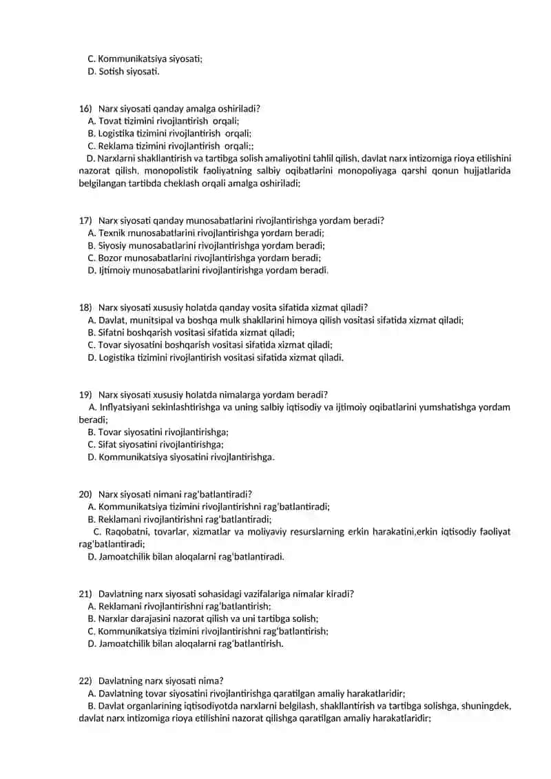 Narx tushunchasi test 3
