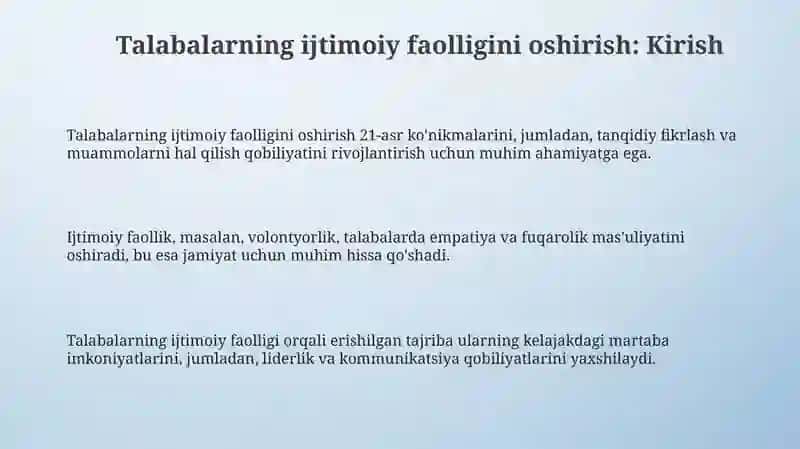 Oʻquvchilarni ijtimoiy rivojlanishda faolligiga qaratilgan 3