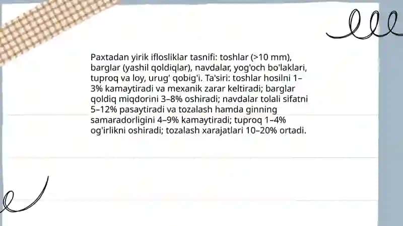 Paxtadan yirik iflosliklarni tozalash jarayoni -- tosh, barg, navda, kabi yirik iflosliklarni ajratish usullari va mashinalar 3