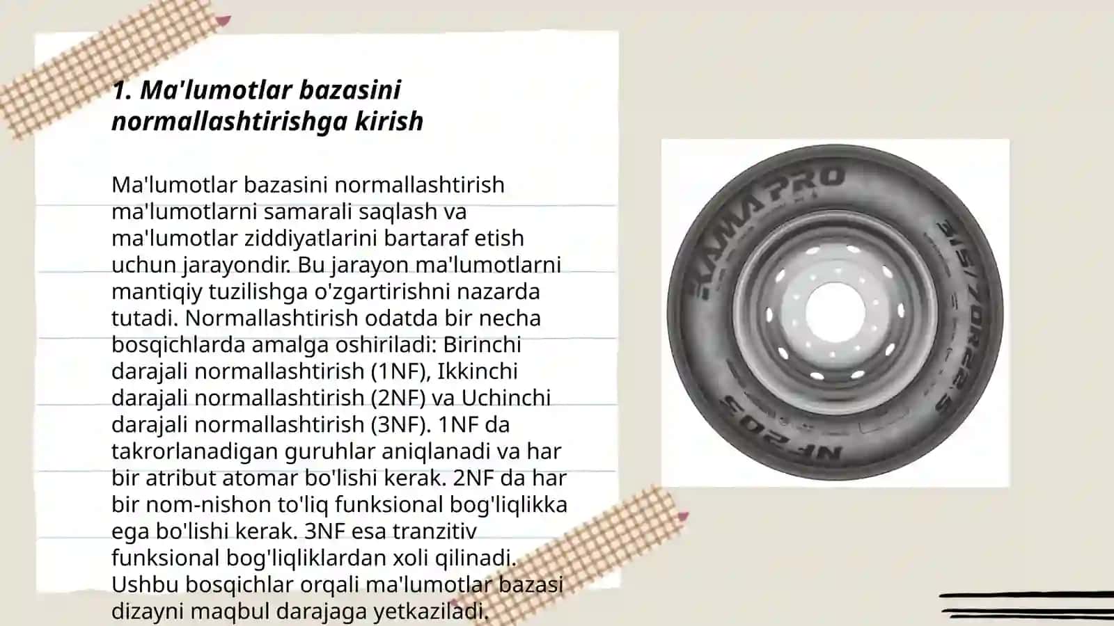 Ma’lumotlar bazasini normallashtirish:1NF, 2NF, 3NF va Kodd normal formalari. SQL tili va SQL operatorlarini yozish. Ma’lumotlar manipulyatsiya qilishda oddiy so‘rovlar yaratish 3