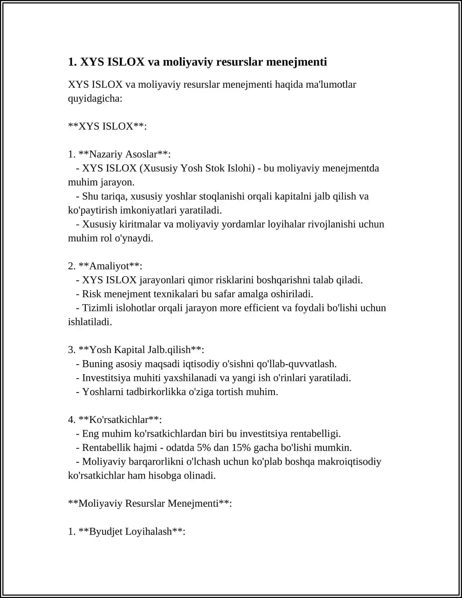 MUSTAQIL ISH Mavzu: XYS ISLOX QLISH TZIMIDA MOLIYAVIY RESUSLAR 3