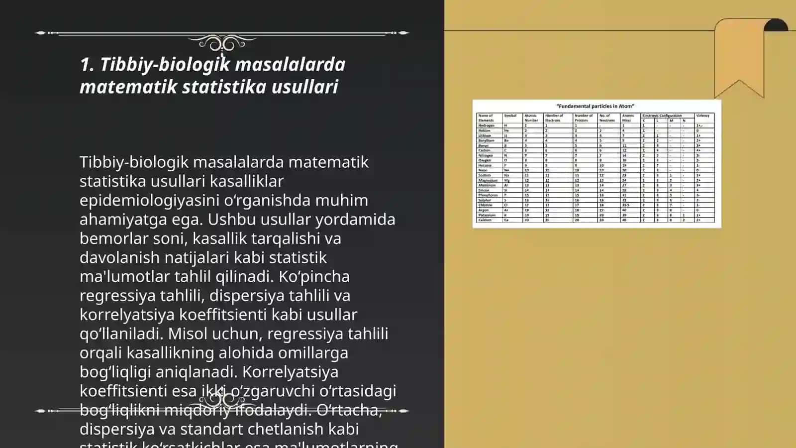 Tibbiy-biologik masala misolida matematik statistika elementlari, general va tanlov majmualar, tasodifiy kattaliklarning taqsimot qonunini yoritib berish 3