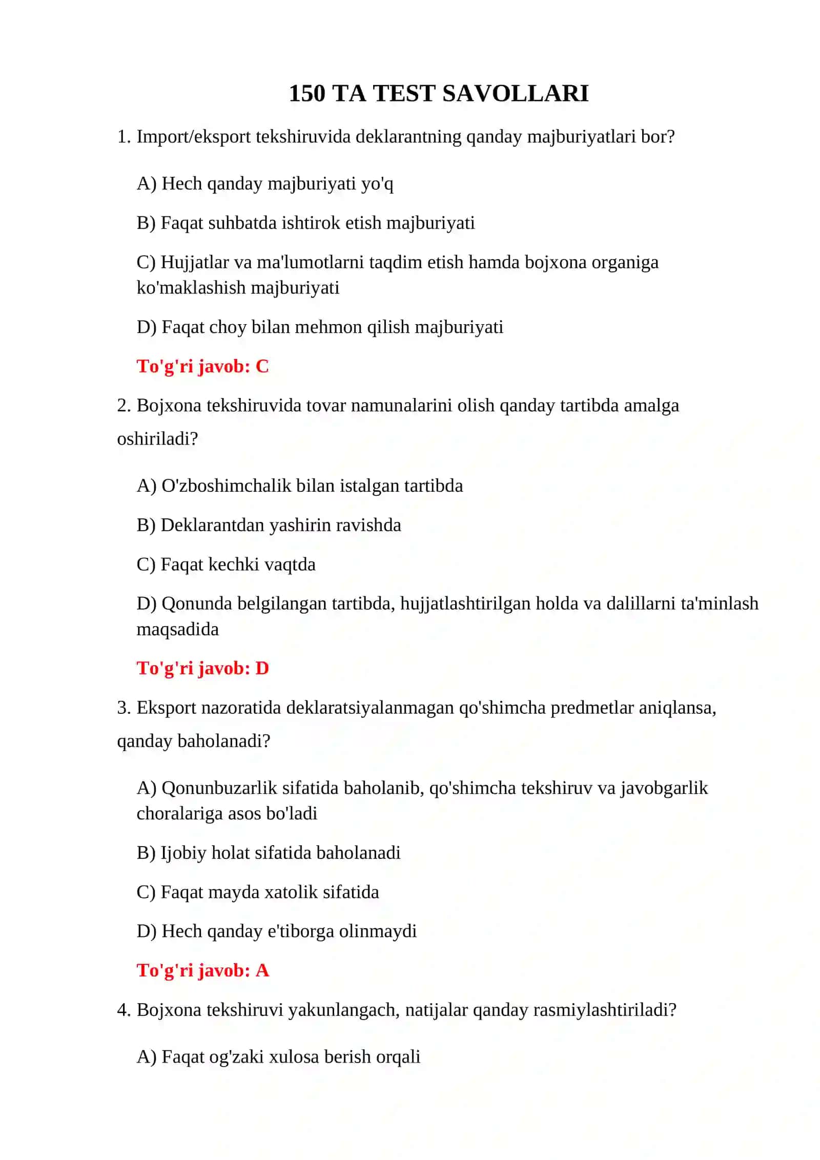 IMPORT BOJXONA BOJLARI TESTLARI 3