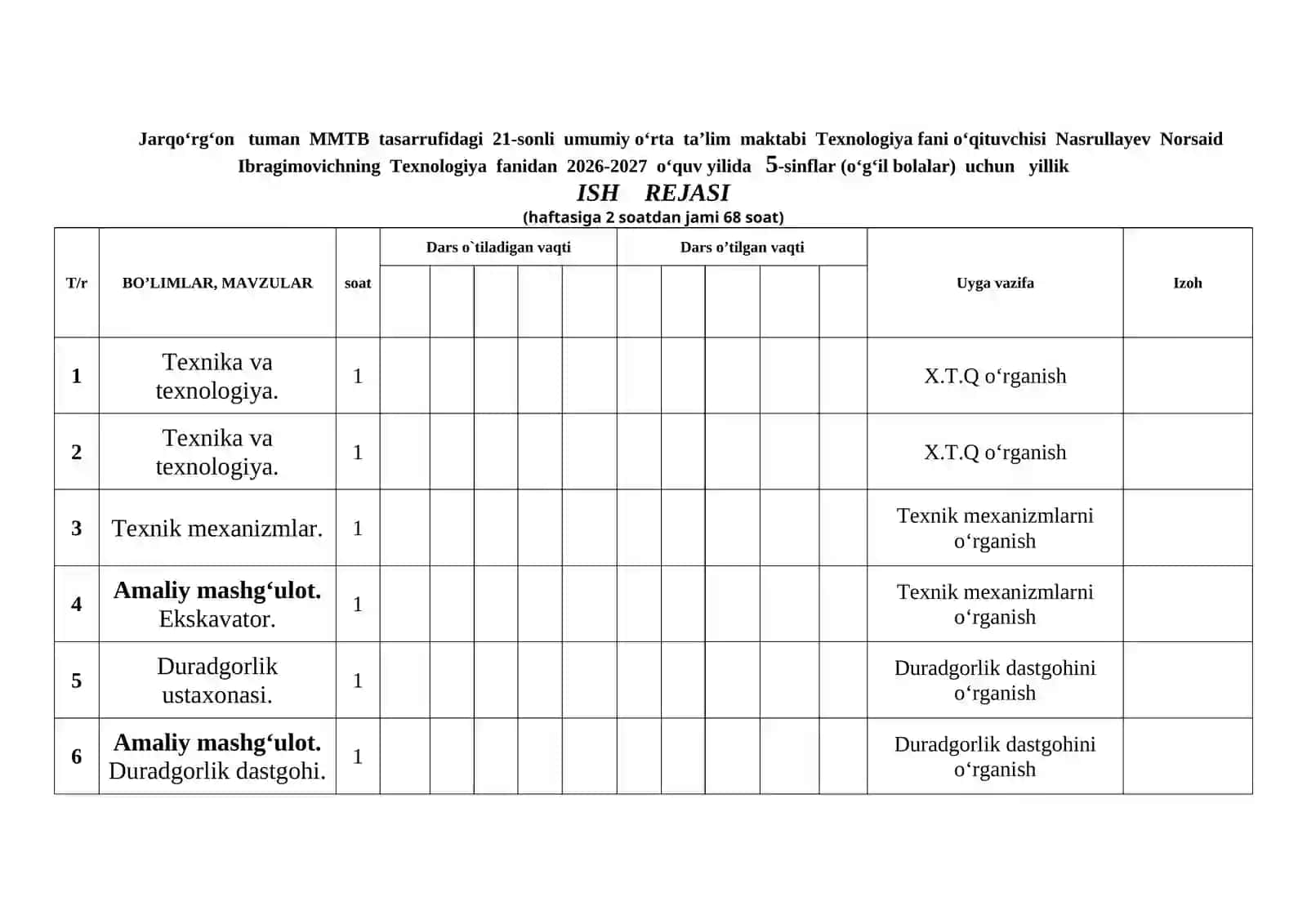 Texnologiya fanidan  yillik ish reja 5-9 sinflar uchun 3