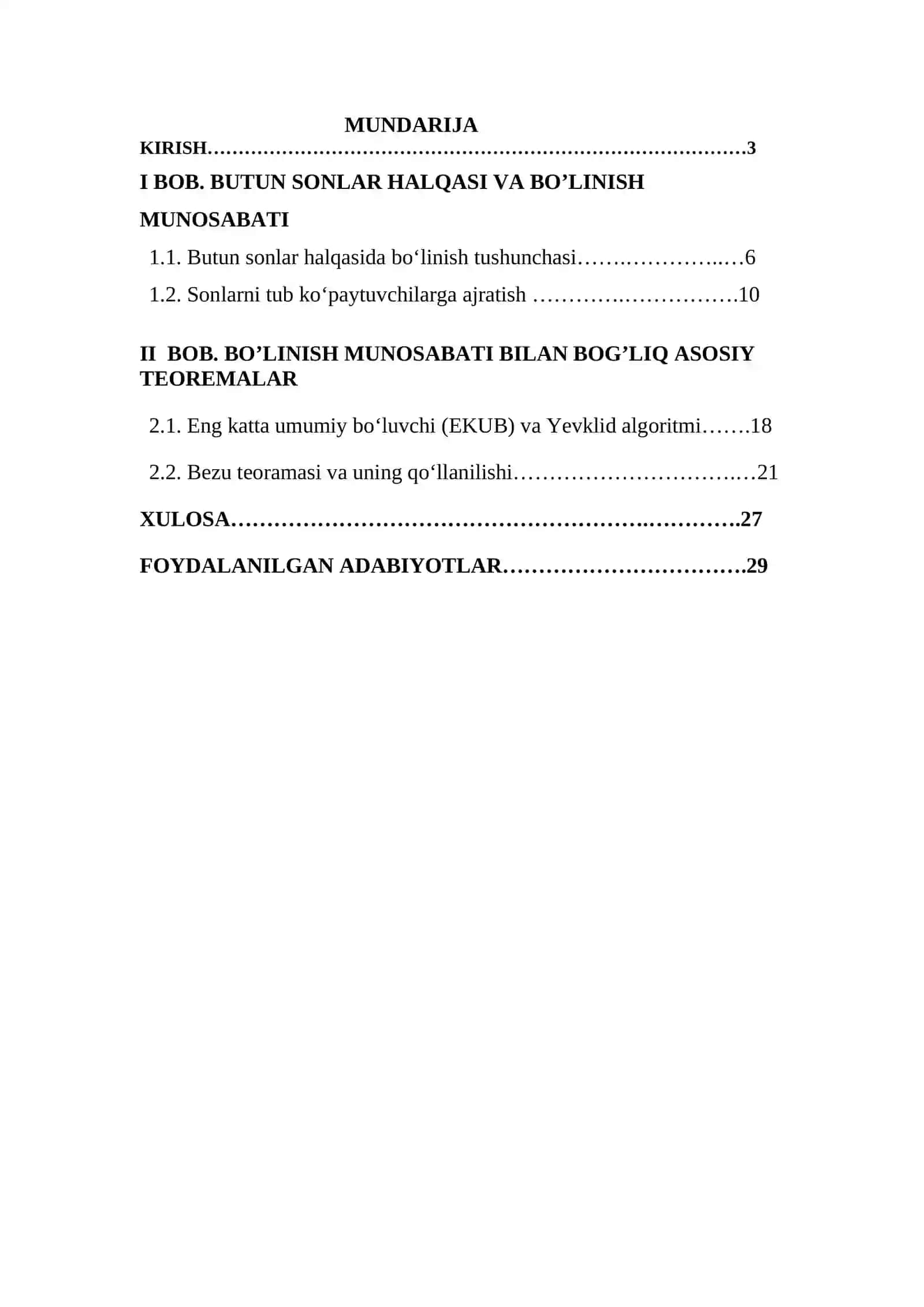Algebra - "Butun sonlar halqasida bo‘linish munosabatlari" mavzusidagi KURS ISHI 3