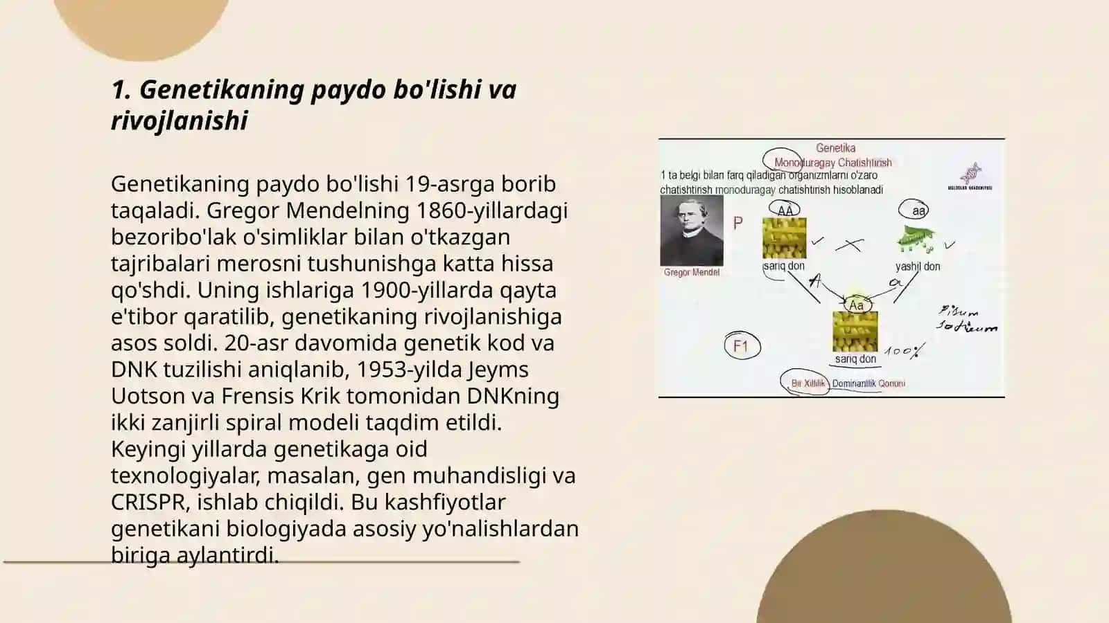 Genetikaning rivojlanish tarixi. G.Mendel qonunlari. Monoduragay chatishtirish by Rizaqulova Maʼsuma 3