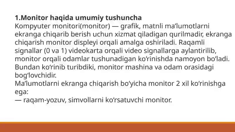 Monitor va sichqoncha qurilamalarining turlari va vazifalari. Tibbiy  ta’limda  va  tibbiyotda  kompyuterning  qo‘shimcha  qurilmalarining qo‘llanilishi va tabbiq etilishi. 3