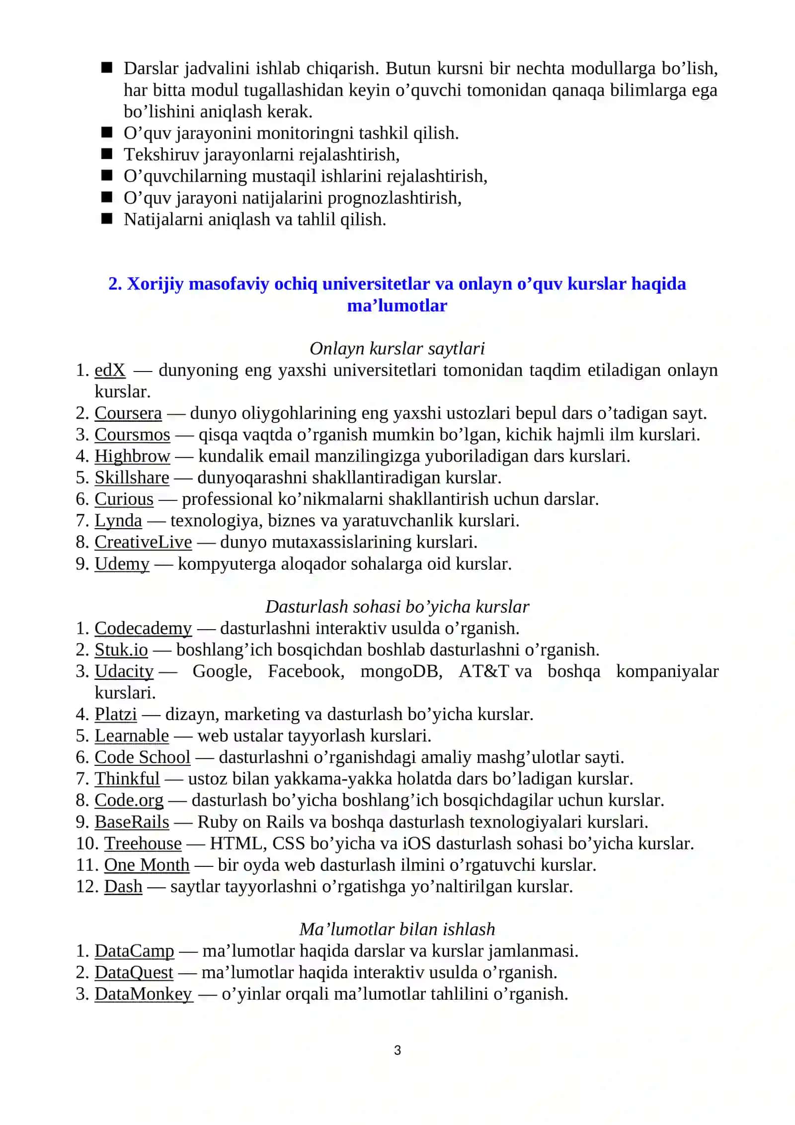 Masofaviy ta’lim platformalari bilan ishlash. Masofaviy ochiq universitetlar. Onlayn o’quv kurslar 3
