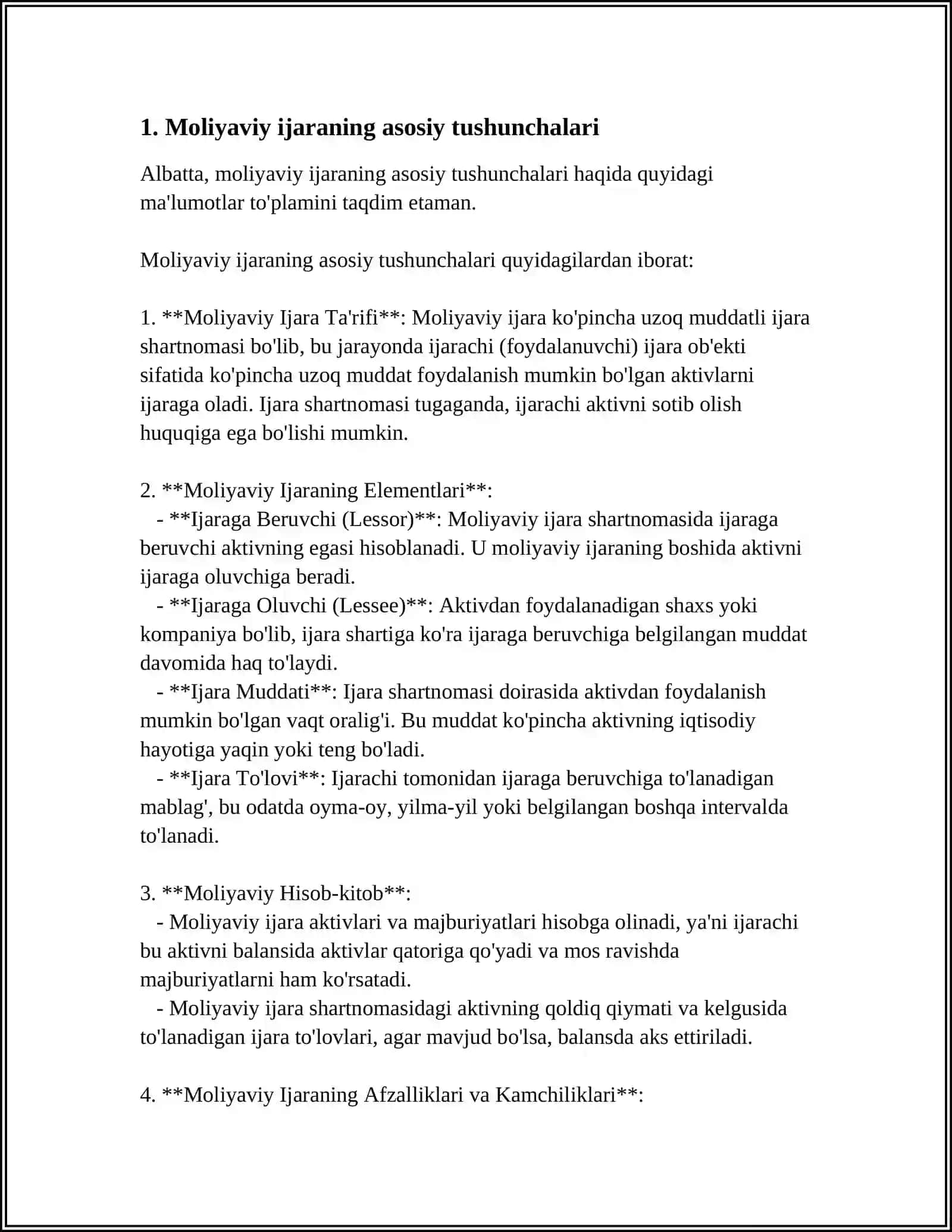 Moliyaviy Ijara va uning Ijarachidagi Xisobi 3