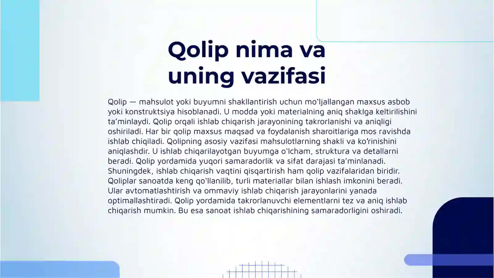 QOLIPNI QOʻLLANILISH MAQSADI VA QOLIPLARNING ASOSIY TURLARI 3