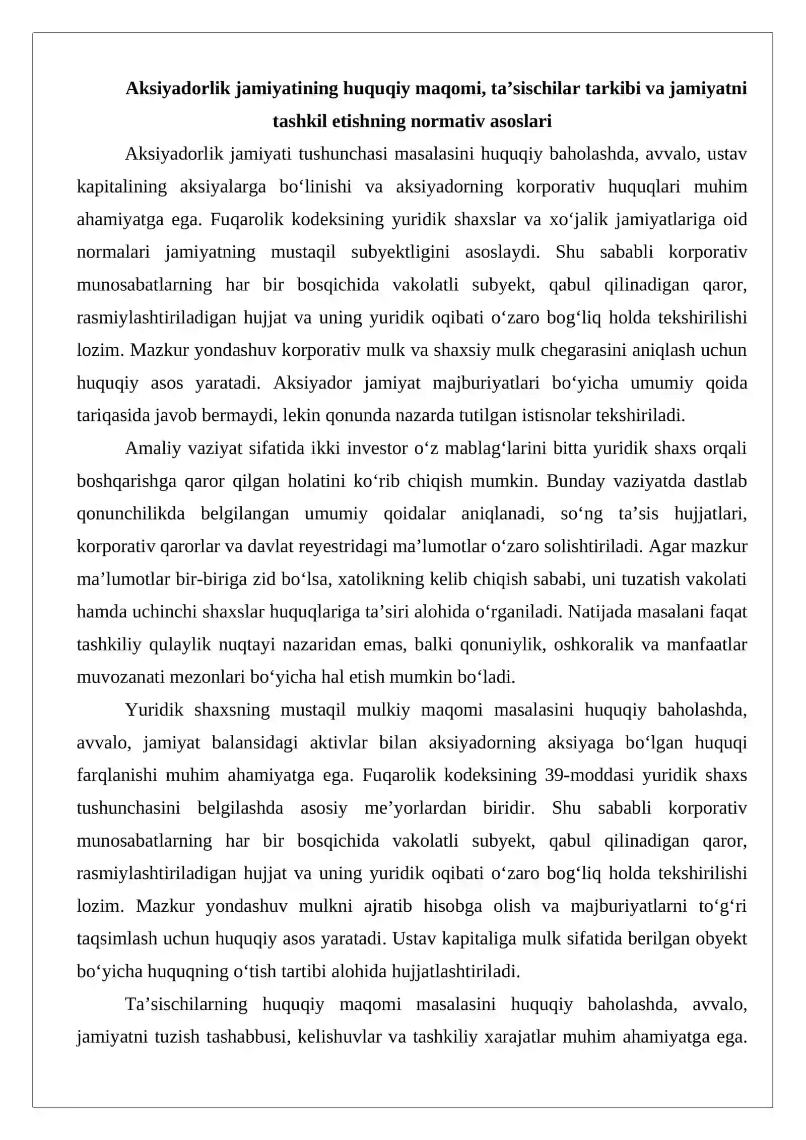 Aksiyadorlik jamiyatini tashkil etish va davlat ro‘yxatidan o‘tkazish: Ta’sischilar, ustav va aksiyalarni joylashtirish masalalari 3