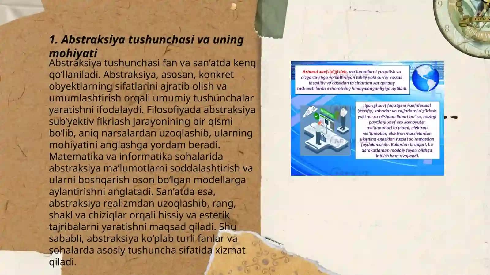 Abstraksiya tushunchasi; Xulosa va hukm; Aktiv va passiv xayol, xayol turlari; 3