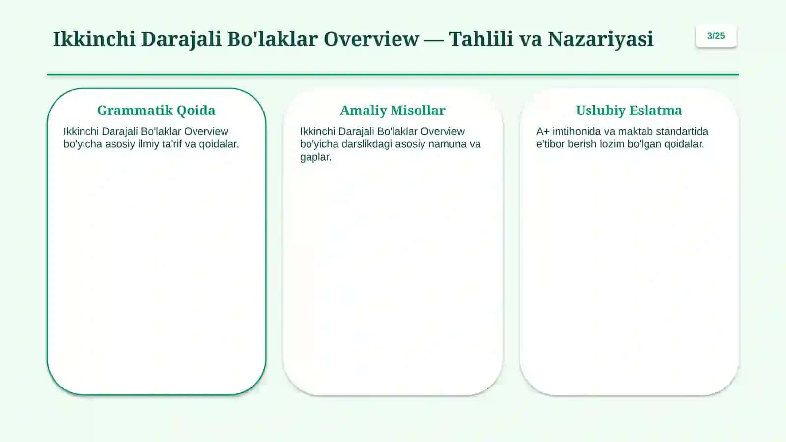 Ikkinchi Darajali Bo'laklar: Aniqlovchi, To'ldiruvchi, Hol 3