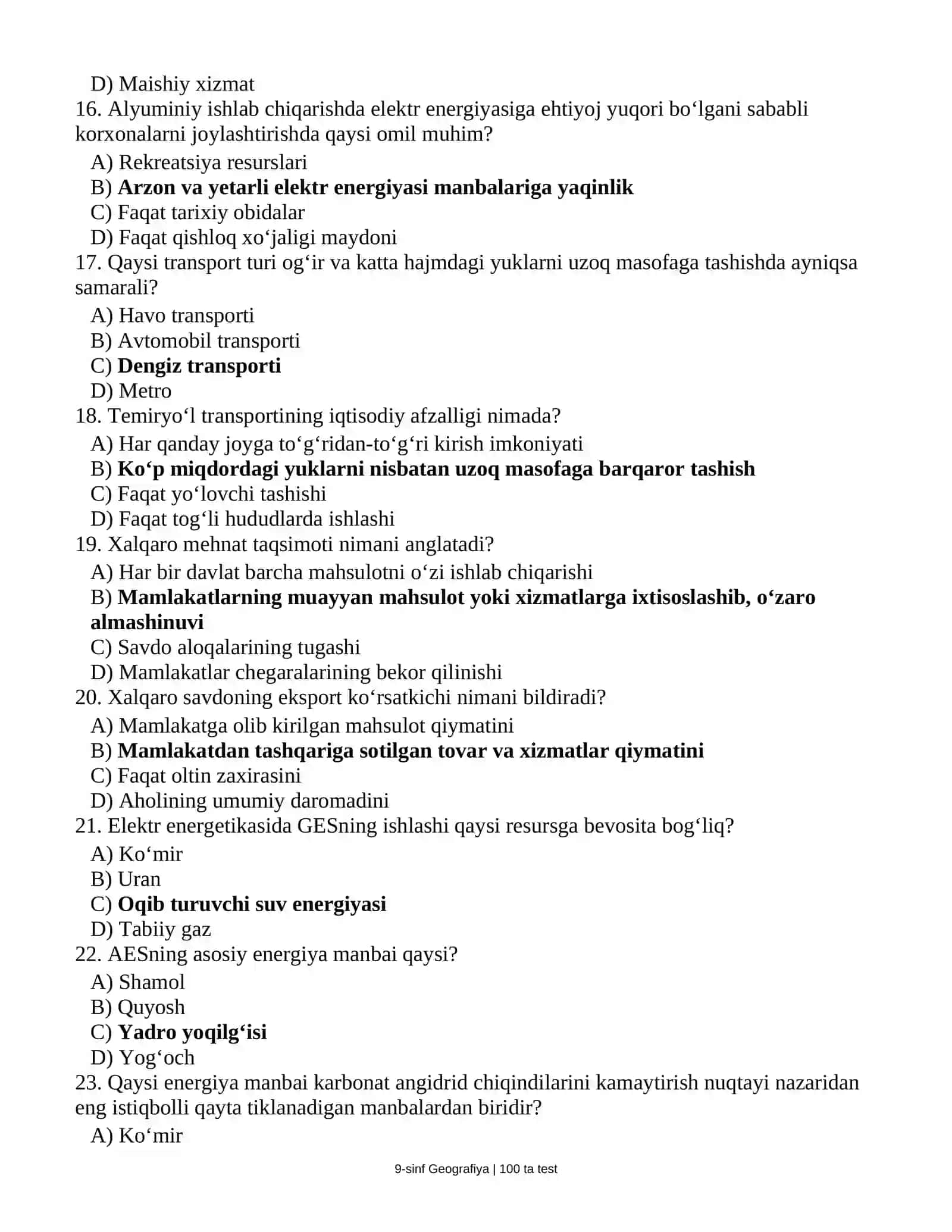 9-SINF GEOGRAFIYA FANIDAN 100 TA YANGI TESTLAR BANKI 3