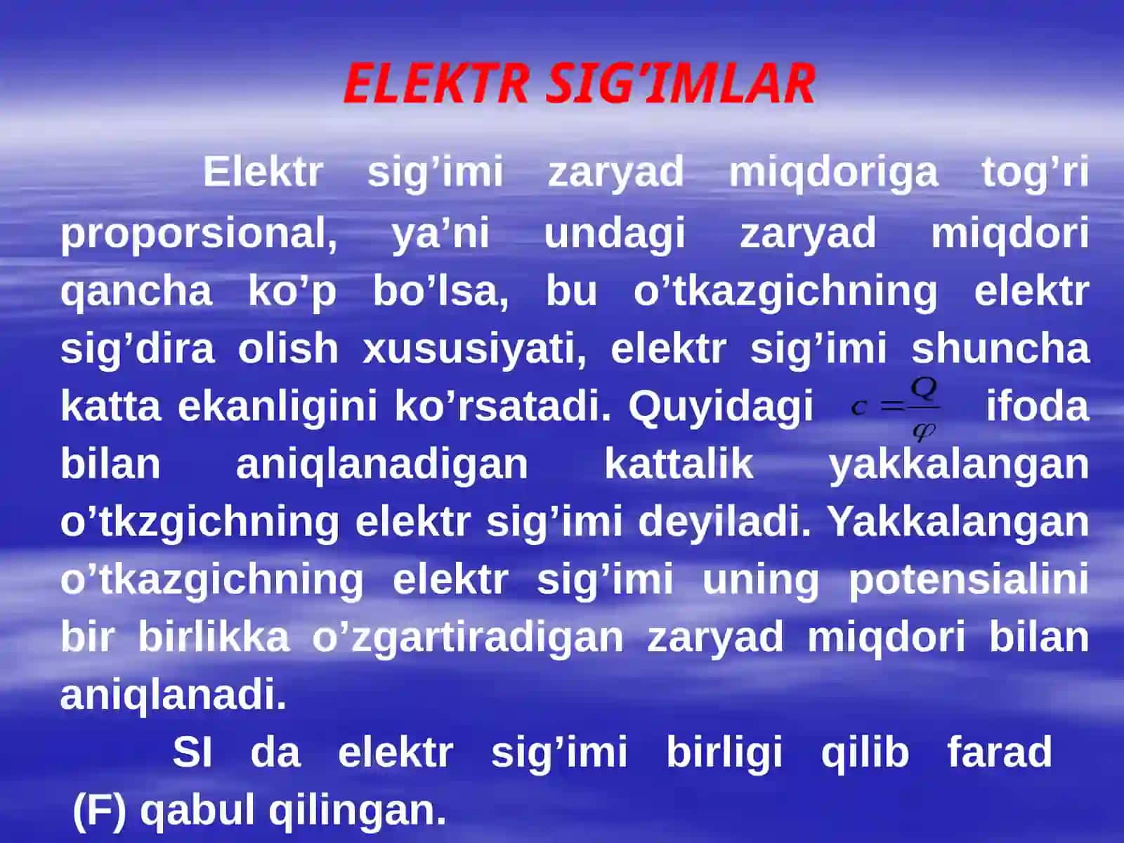 ELEKTR SIG’IMI. KONDENSATORLAR. KONDENSATORLARNI ULASH. 8-sinf fizika fanidan dars ishlanma. 3
