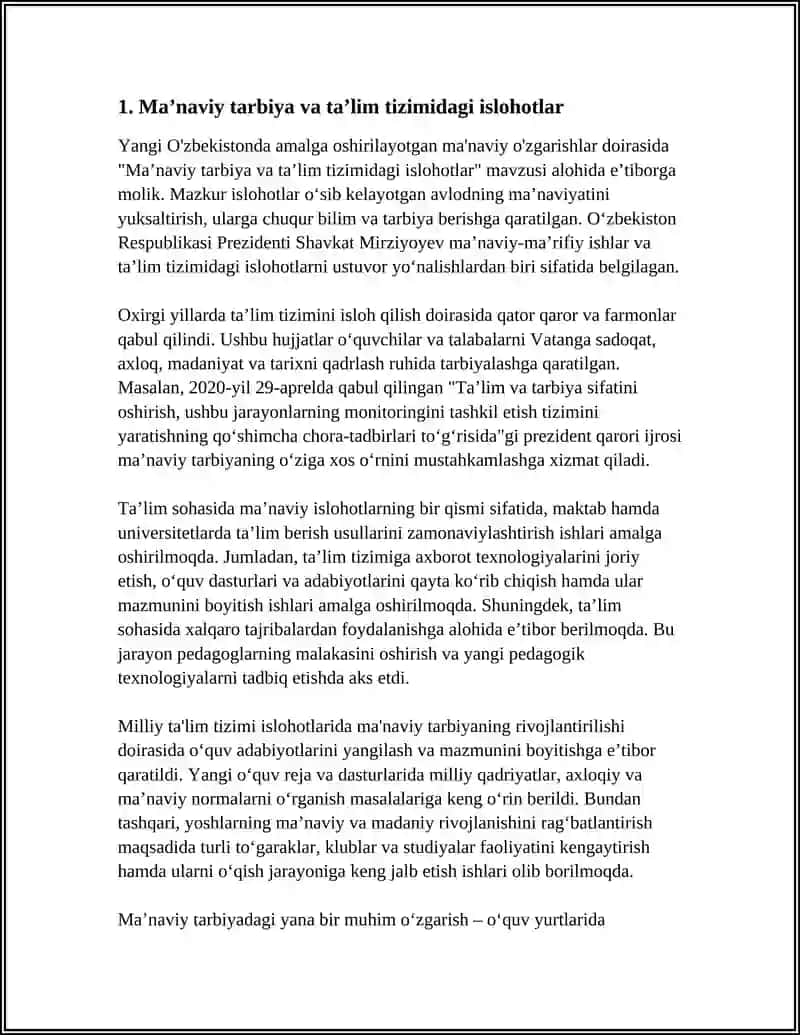 YANGI O’ZBEKISTONDA AMALGA OSHIRILAYOTGAN MA’NAVIY O’ZGARISHLAR 3
