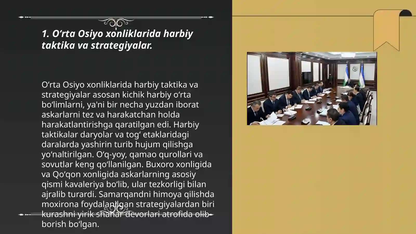 Oʻrta Osiyo xonliklarida harbiy ishlar tarixi.Xonliklarining tashqi iqtisodiy va siyosiy diplomatik aloqalari.Qoraqalpoqlar 3