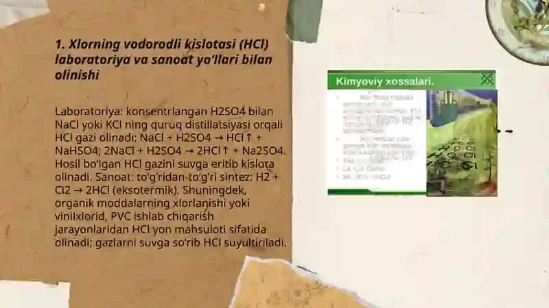 Xlorning vodorodli (HCI), kislarodli ( kislata angidridlari misolida), kislarodsiz va kislarodli kislotalarini olinishi, fizikaviy va kimyoviy xossalari. Xlorning ishlatilishi 3