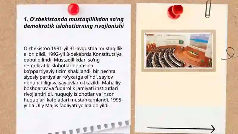 O'zbekistonda demokratik, fuqarolik jamiyati asoslarining shakllanishi, amalga oshirilgan siyosiy islohotlar 3