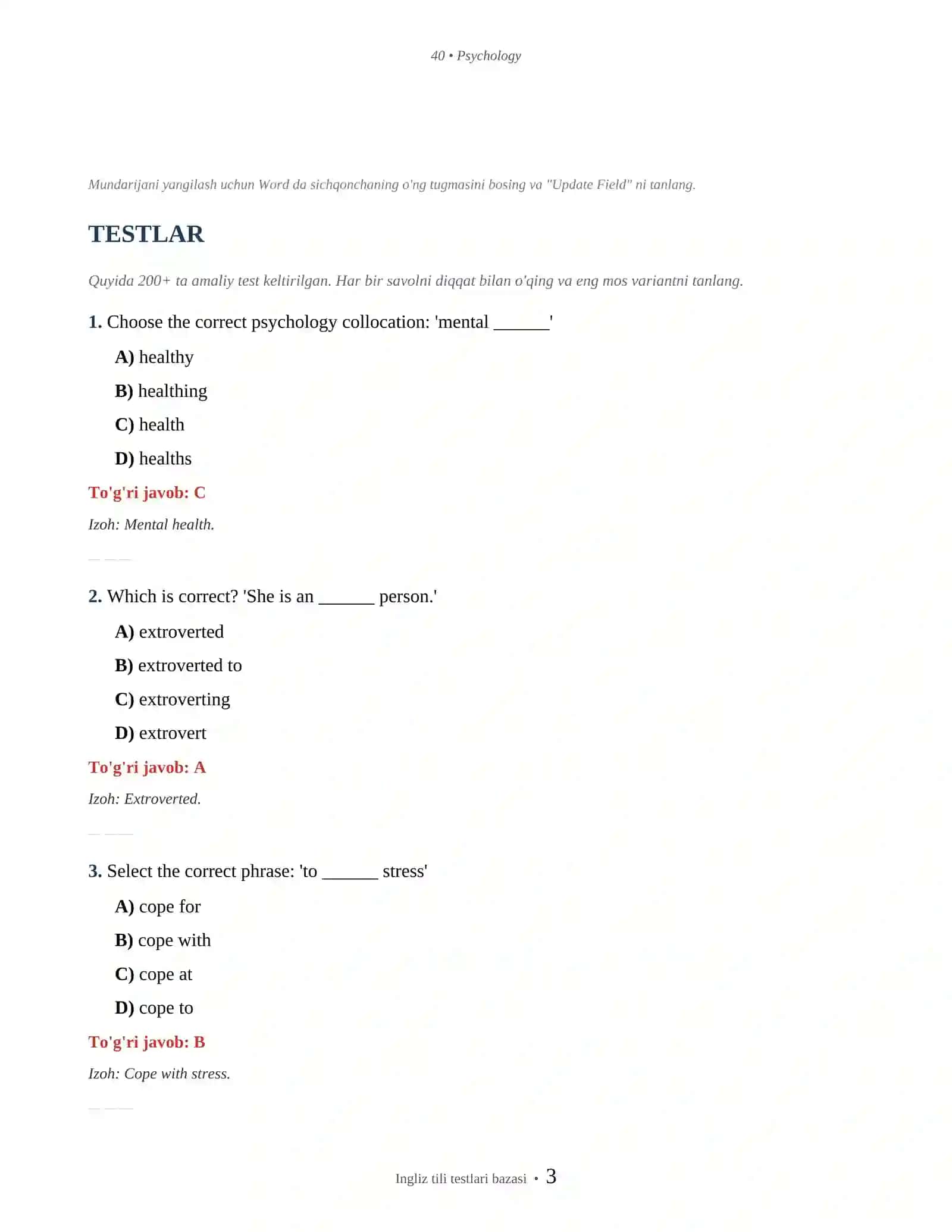 INGLIZ TILI PSYCHOLOGY & PERSONALITY 3