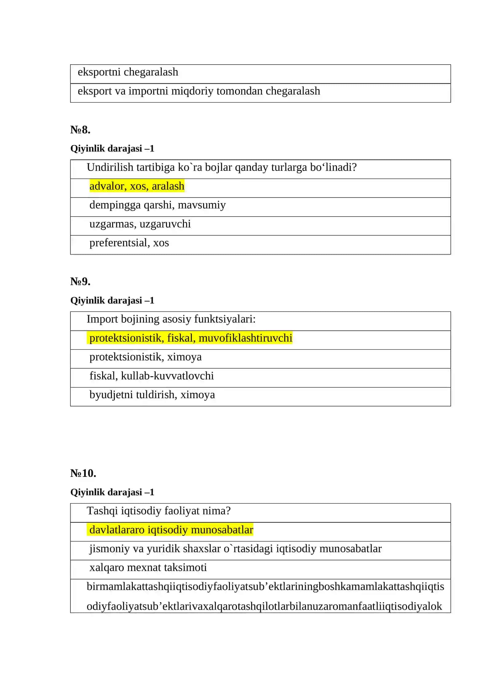 Bojxona qo‘mitasiga ishga kirish uchun test savol-javoblar to‘plami 3