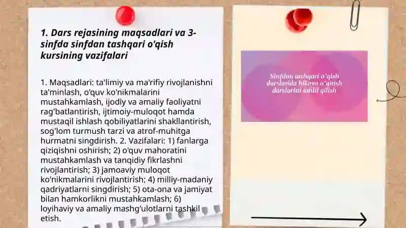 3-sinfda sinfdan tashqari o'qish darslarining 1 yillik taxminiy rejasini ishlab chiqish 3