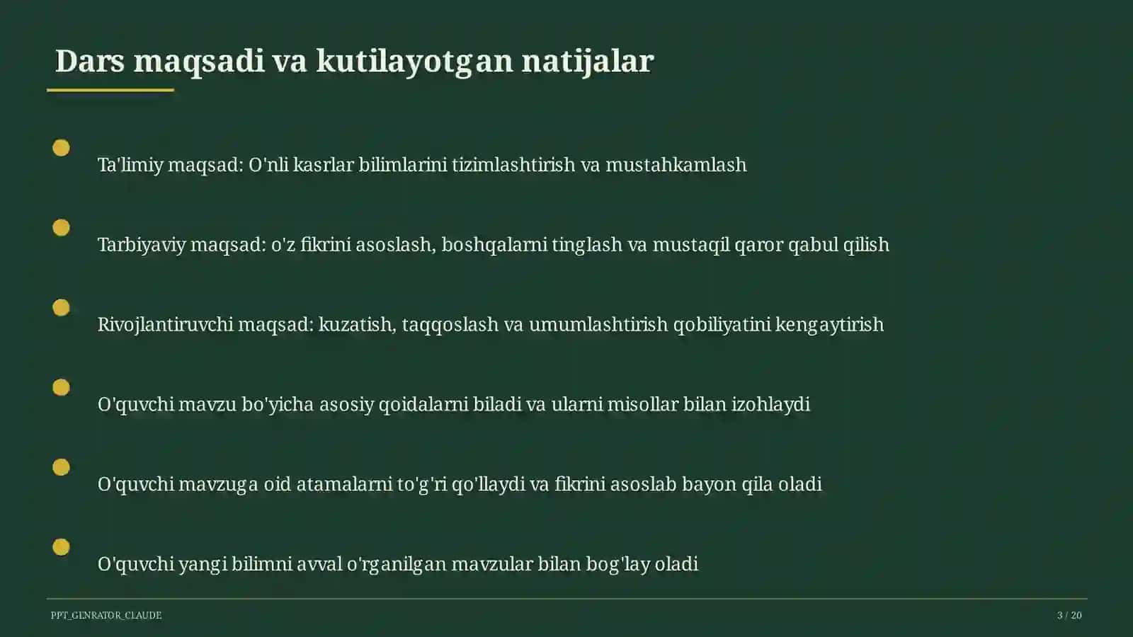 O'nli kasrlar (5-sinf) Matematika (5–6) - metodik birlashma uchun 3