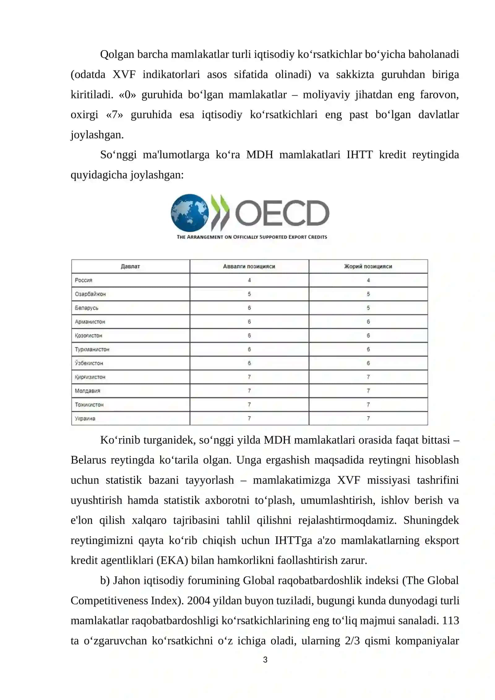 Iqtisodiy va ijtimoiy sohadagi ustuvor halqaro reytinglar va ularga O`zbekistonning integratsiyalashuvi 3