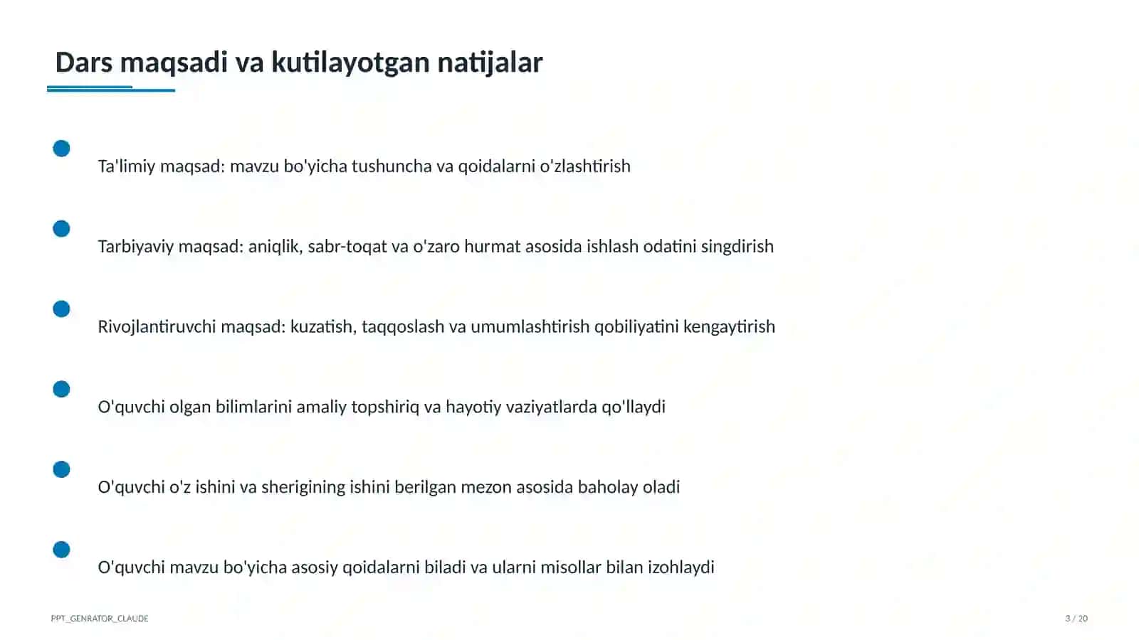 Sinf soati va tarbiyaviy tadbirlar (1–11) — ochiq dars uchun 3