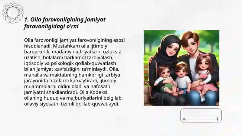 Oila farovonligi - jamiyat farovonligi asosidir, tarbiya jarayonida oila, mahalla va maktab hamkorligi,,Oila Kodeksiʼʼ 3