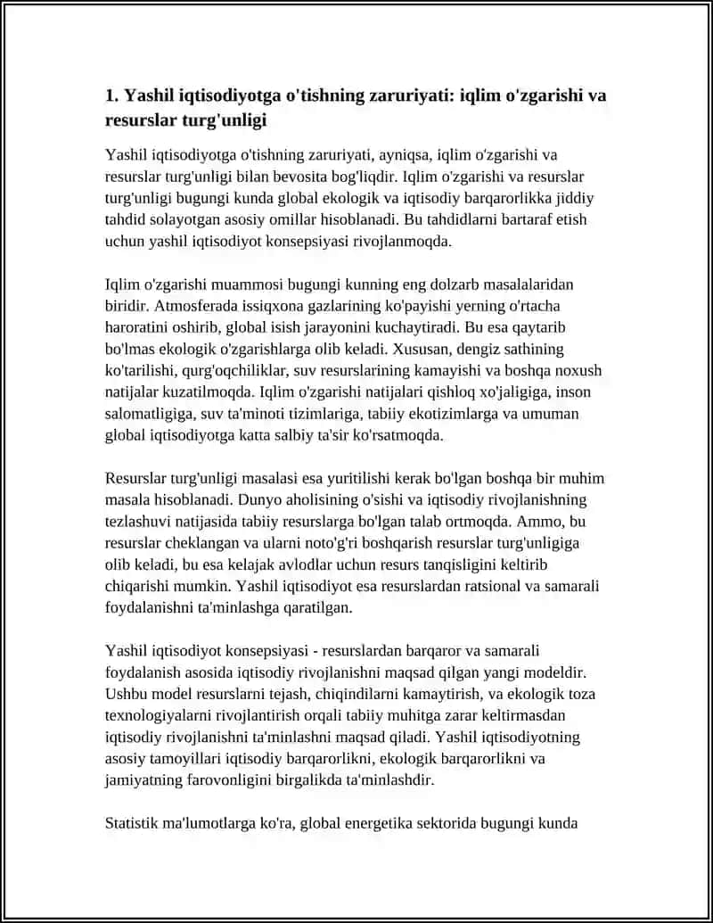 MAMLAKATLARNI “YASHIL IQTISODIYOTGA O'TISHNING ZARURIYATI, TAMOYILLARI VA MEXANIZMLAR 3