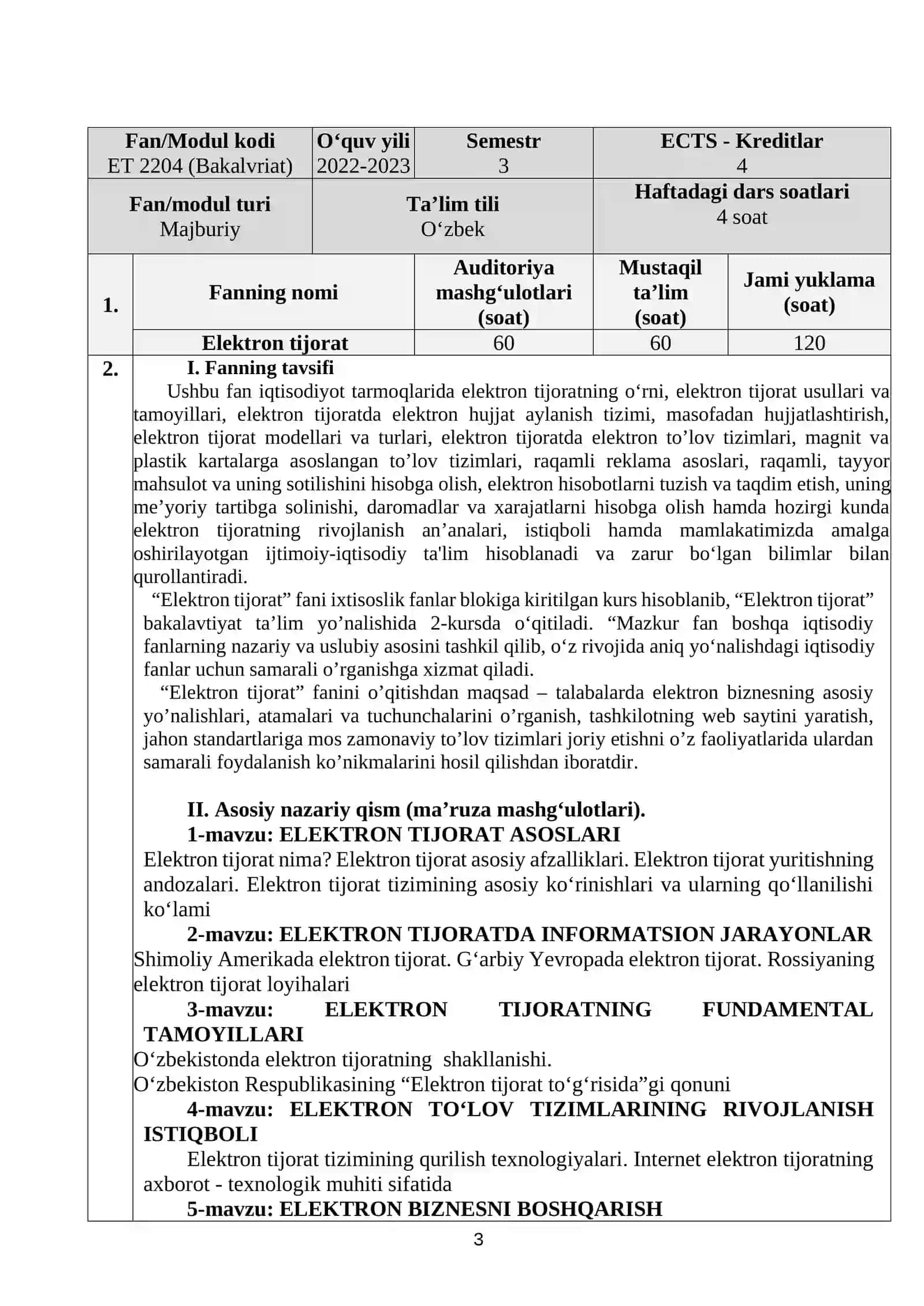 Elektron tijorat fanining o'quv dasturi 3