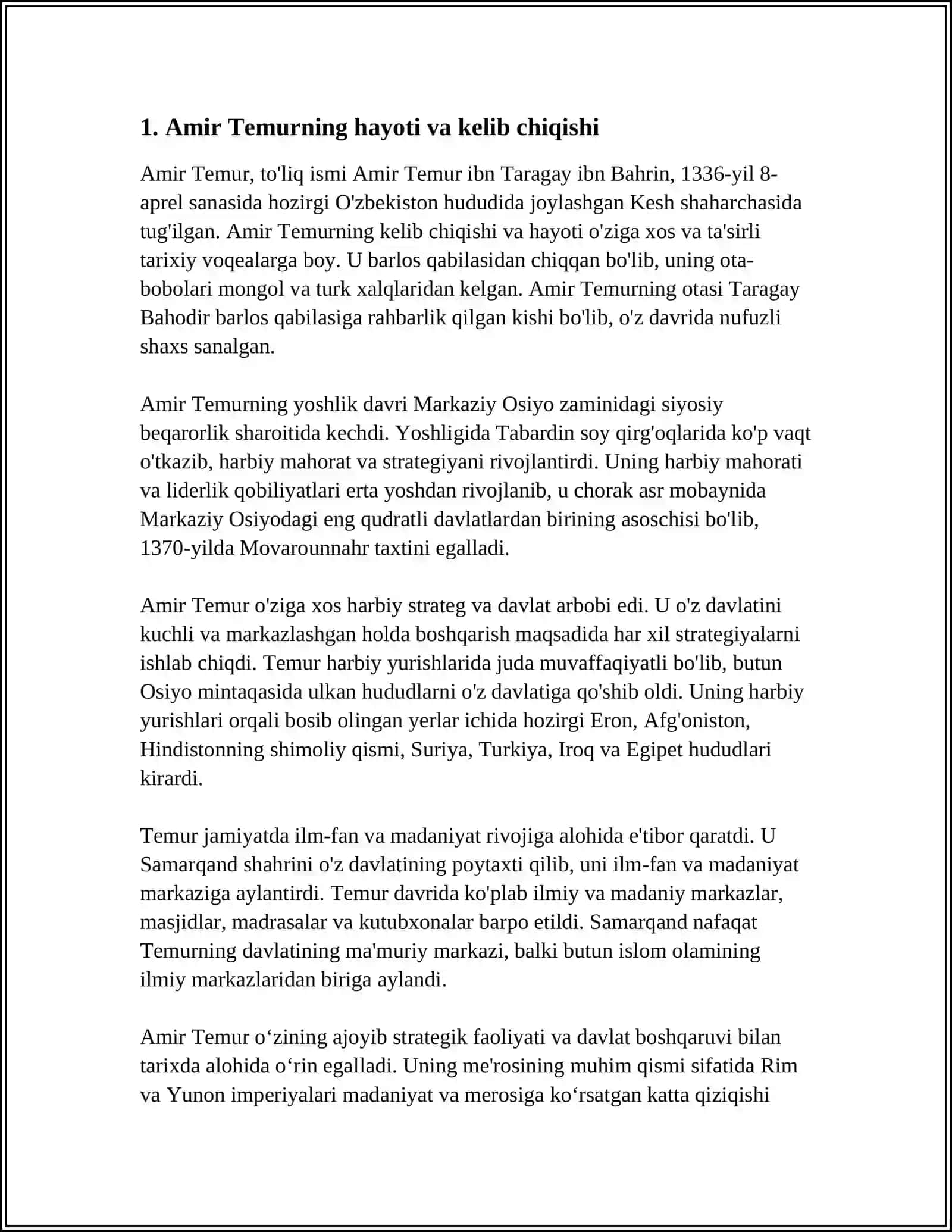 AMIR TEMUR O'RTA ASRNING YIRIK DAVLAT ARBOBI, BUYUK SARKARDA, KUCHLI, MARKAZLASHGAN DAVLAT ASOSCHISI, ILM-FAN VA MADANIYAT HOMIYSI 3
