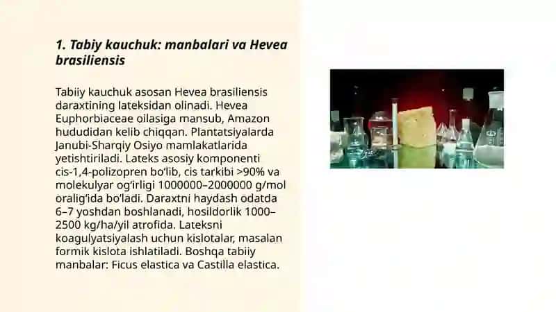 Tabiy va sintetik kauchuk.Polimerlarni olinishi va xalq xoʻjaligida ishlatilishi 3