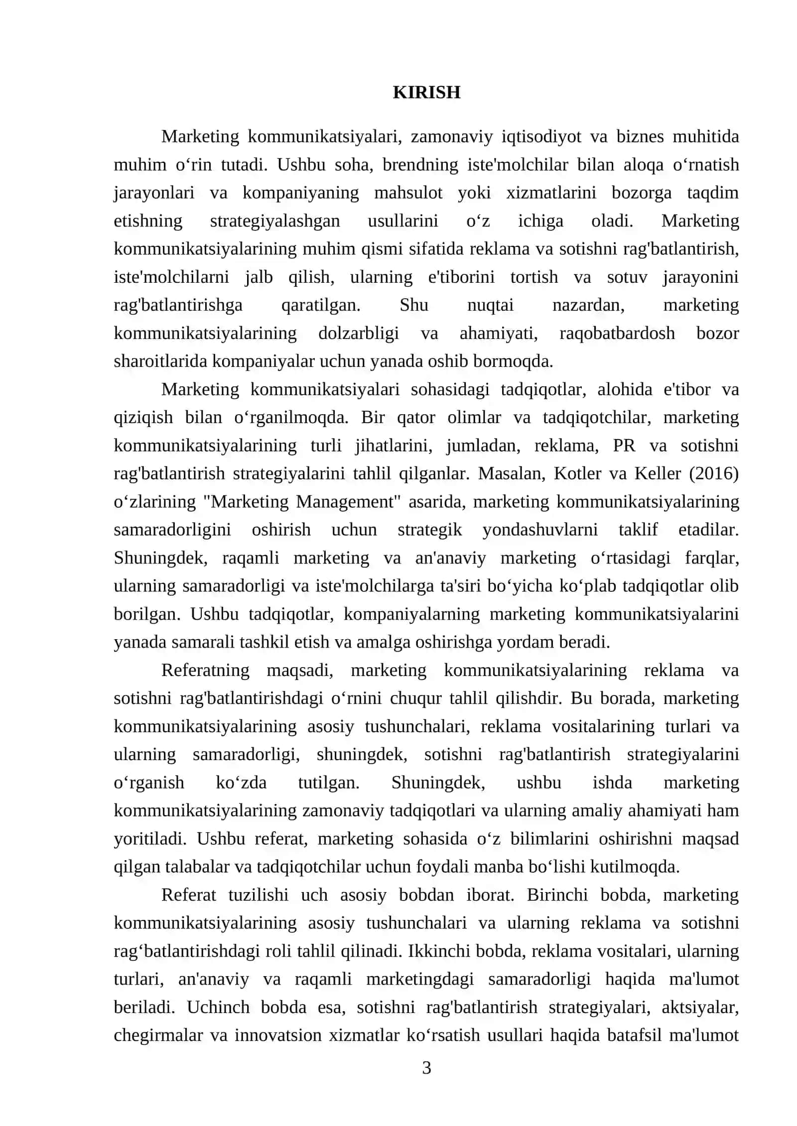 TURIZM VA MEHMONXONA XO'JALIGI MARKETINGI FANIDAN TAYYORLAGAN REFERATI 3