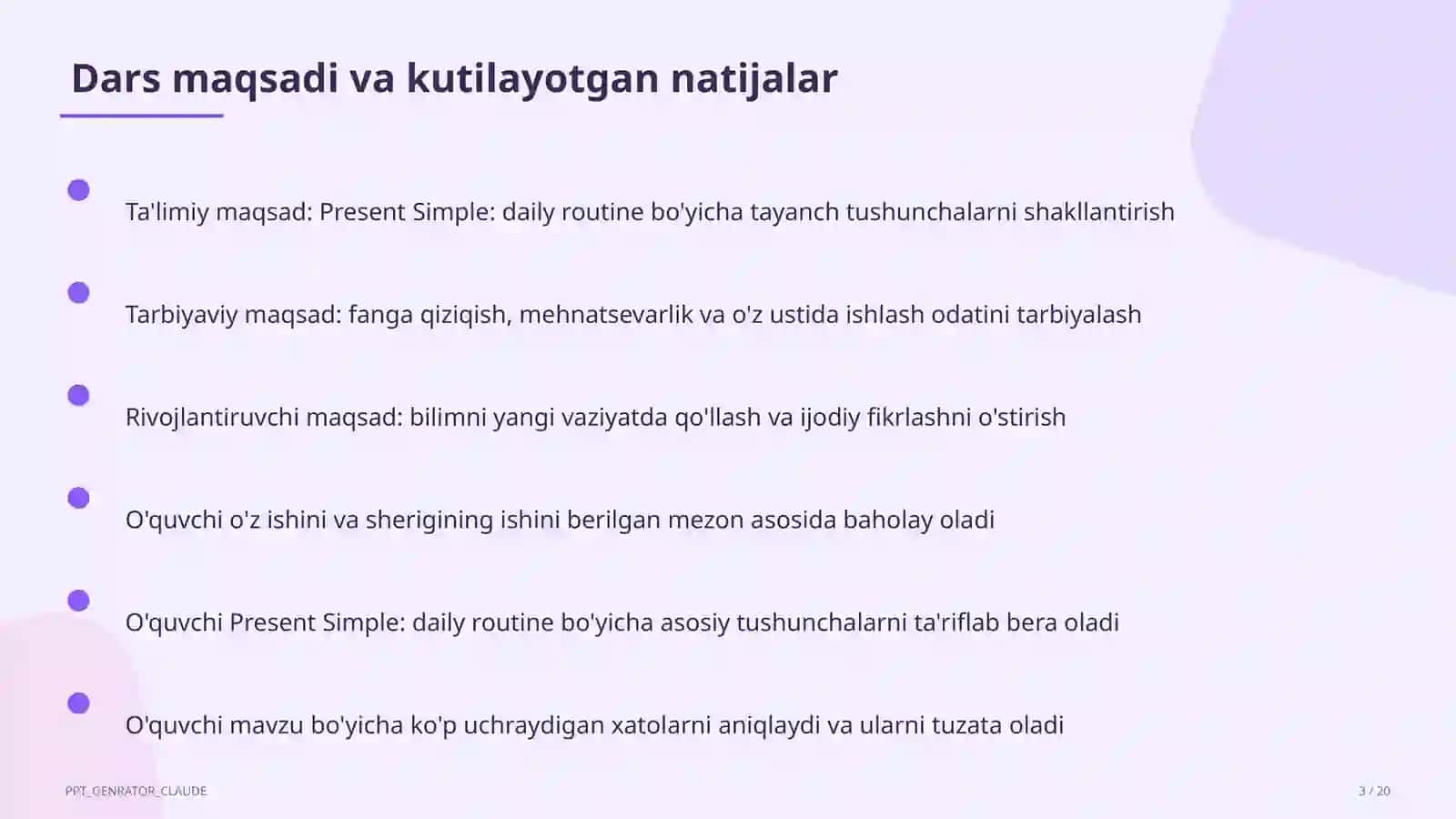 Present Simple: Kechki kunlik jarayon (3-sinf) 3