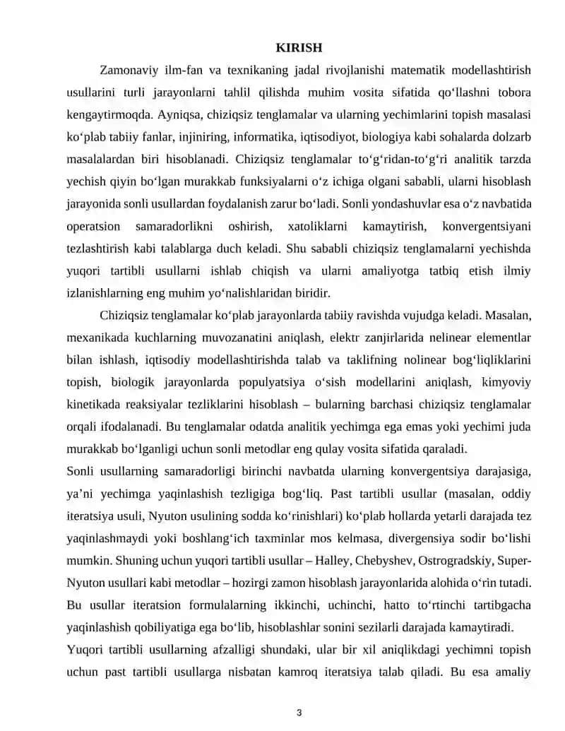 CHIZIQSIZ TENGLAMALARNI YECHISH UCHUN YUQORI TARTIBLI USULLAR 3