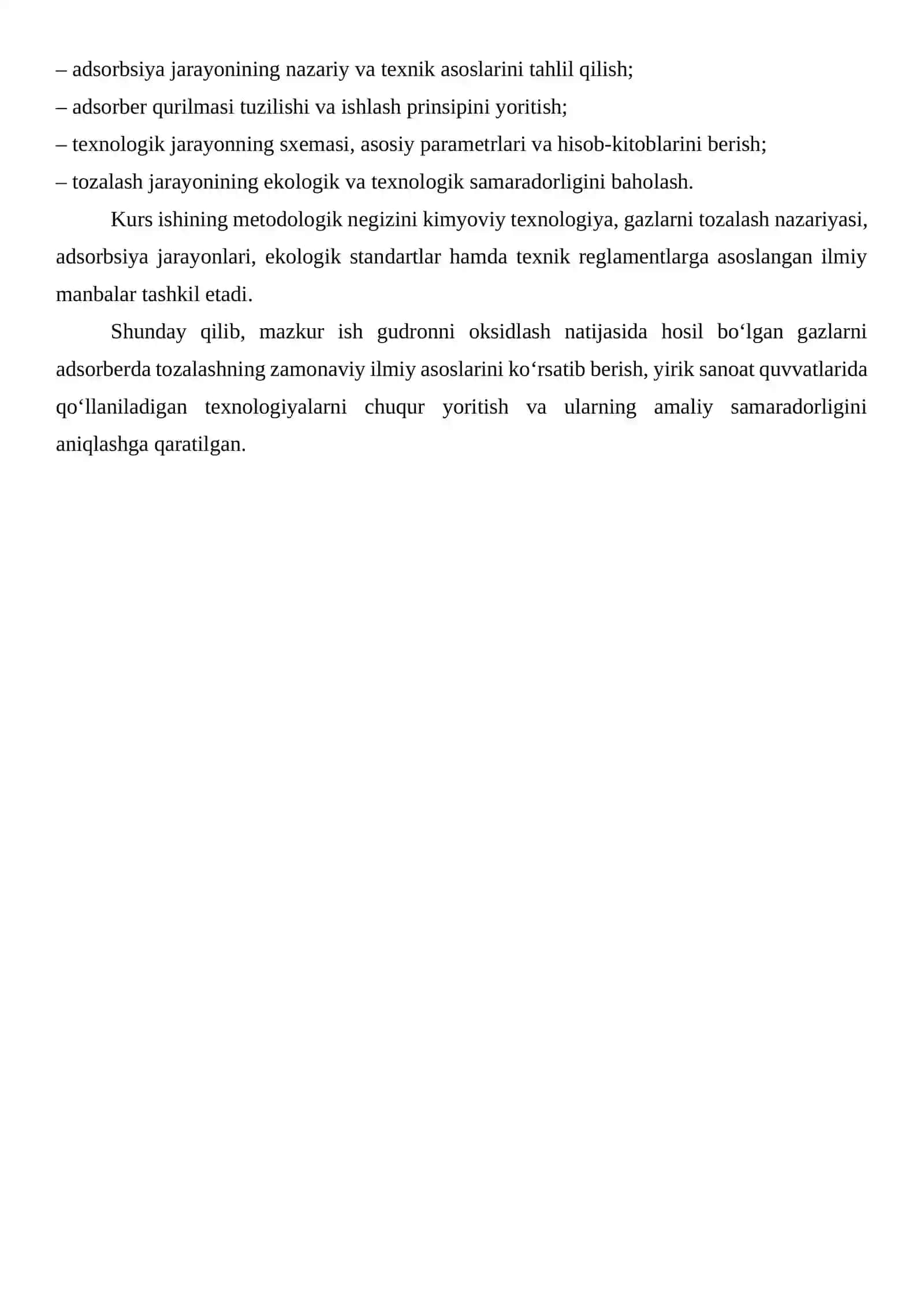 Gudronni oksidlashdan hosil bo'lgan gazlarni adsorberda tozalash quvvati 3