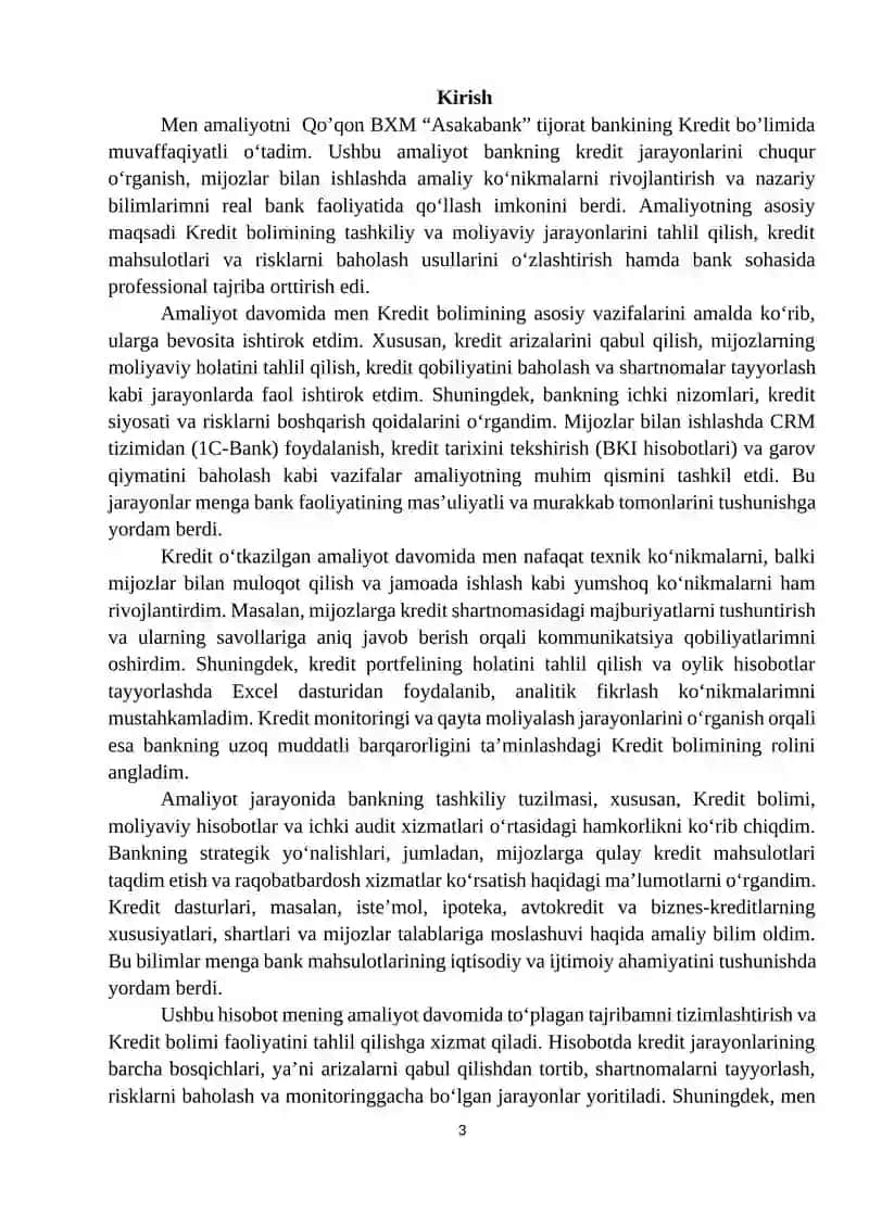 Bank kredit bo'limi amaliyot hisoboti 3