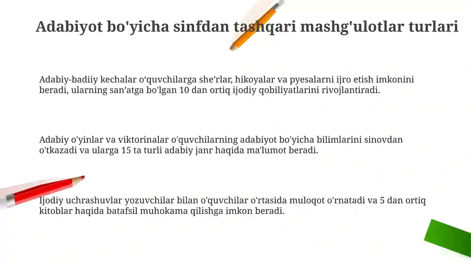 Adabiyot fanidan sinfdan tashqari mashhulorlar turlari va ularni tashkil etish 3