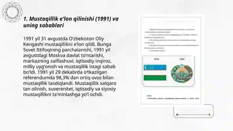 Mustaqil Oʻzbekiston Respublikasi tashkil topishining va uning tarixiy ahamiyati 3