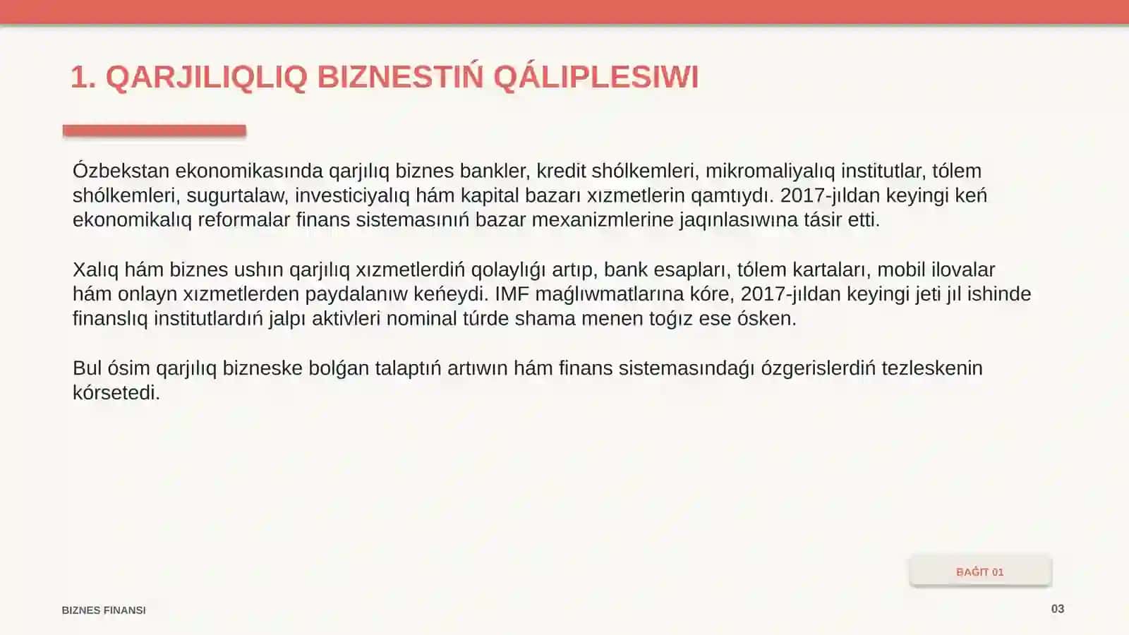 ÓZBEKSTANDA QARJILIQLIQ BIZNESTIŃ RAWAJLANIWI: BÚGINGI JAǴDAYI HÁM KELESHEGI 3