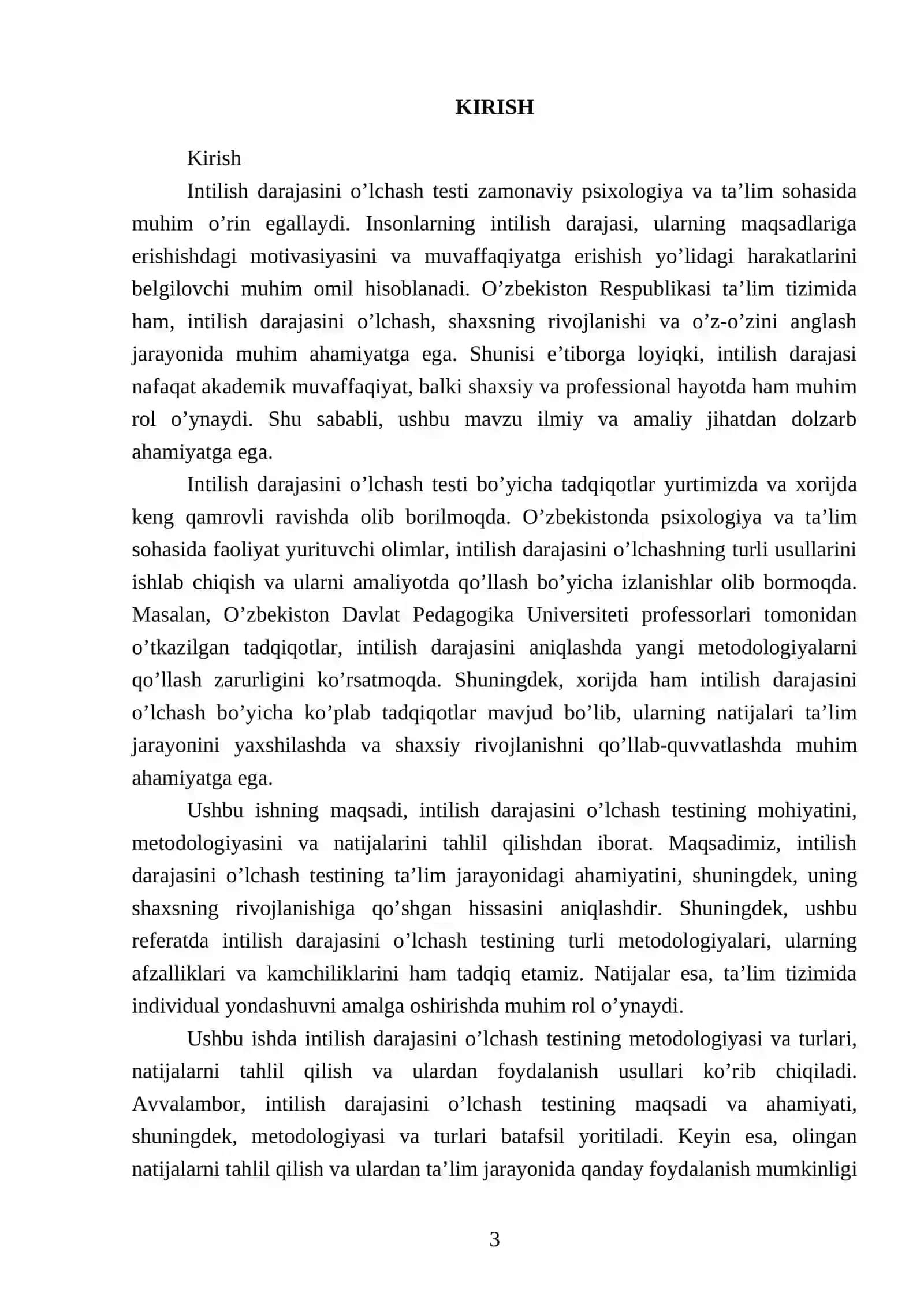 Intilish darajasini o’lchash testi 3