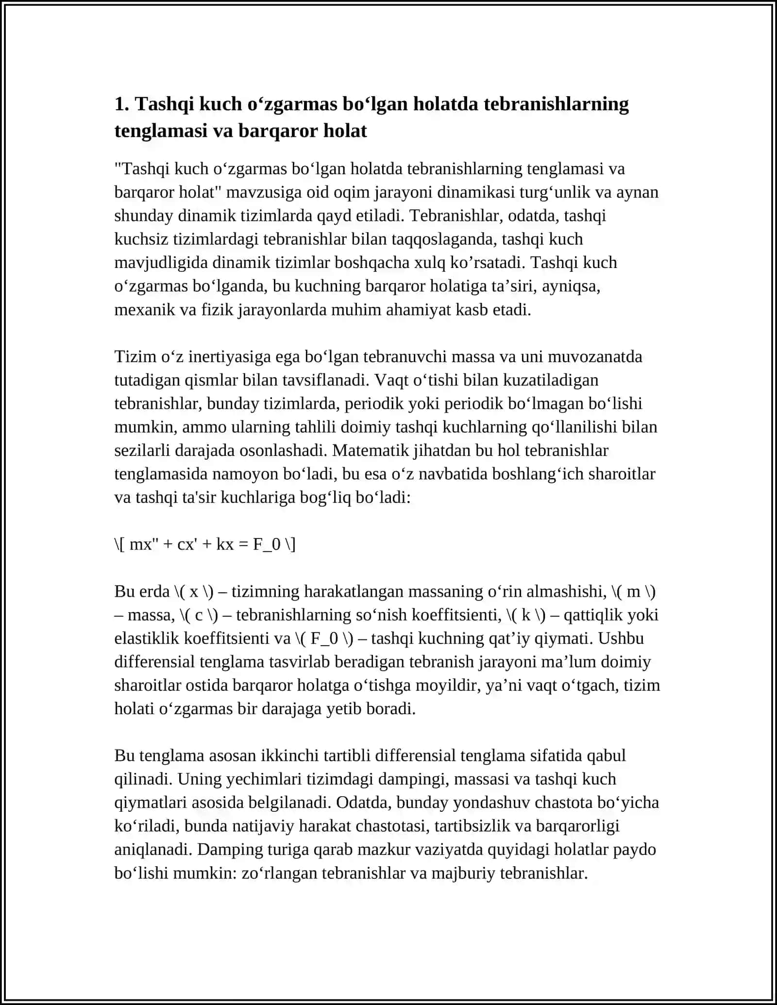 Tashqi Kuch Oʻzgarmas va Davriy Boʻlgan Holatda Tebranishlar 3