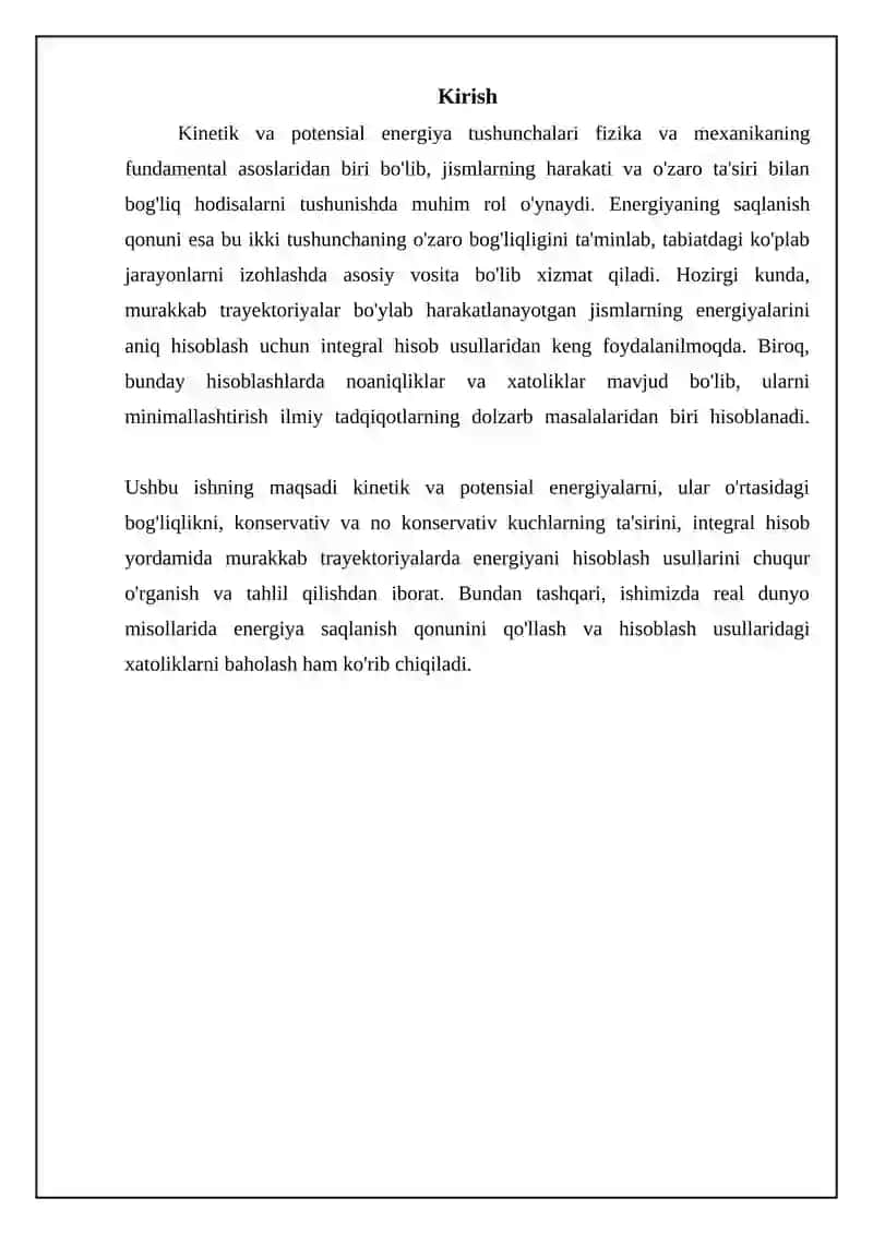 Kinetik va potensial energiya hamda murakkab trayektoriyada integral hisob qo'llanilishi 3