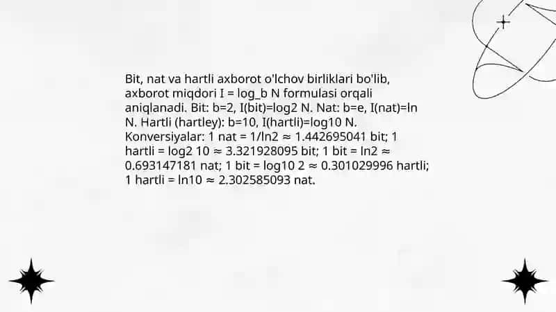 Axborotning o'lchov birliklari bilan ishlash. Hartli va Shannon formulalari 3