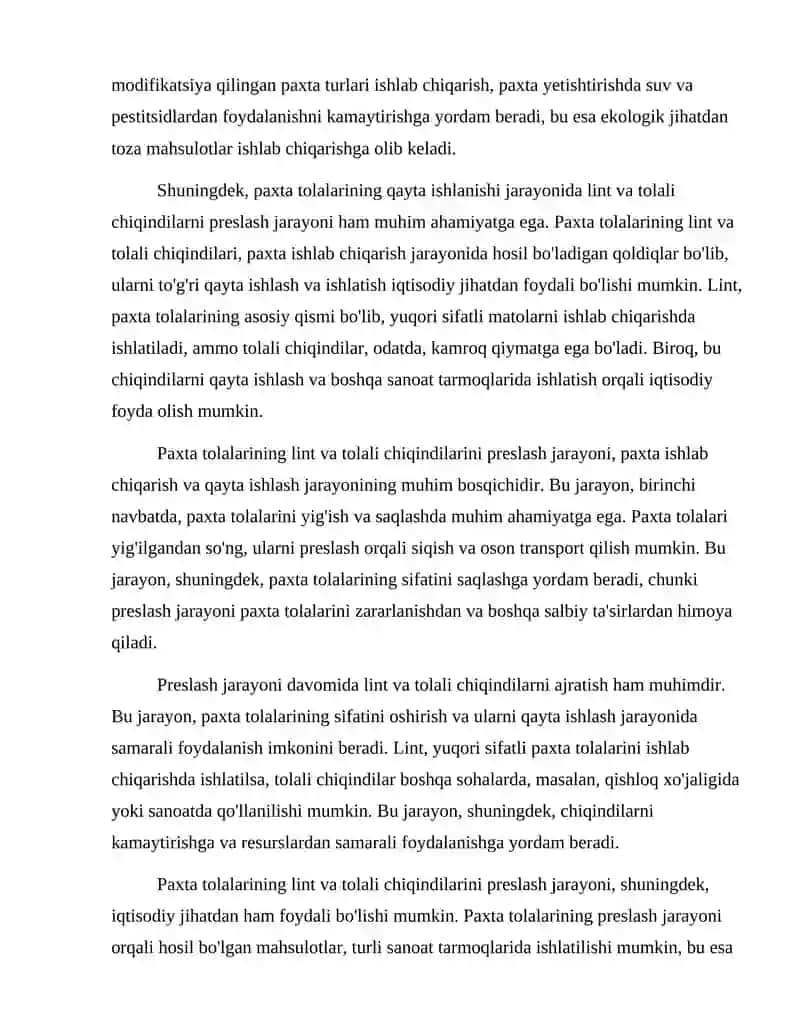 Paxta tolalarining lint va tolali chiqindilari preslash jarayoni 3