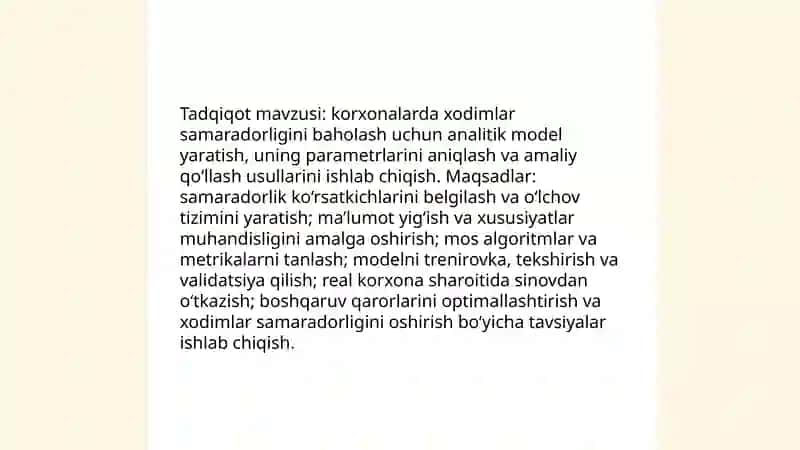 Korxonalarda xodimlar samaradorligini baholash uchun analitik model yaratish 3