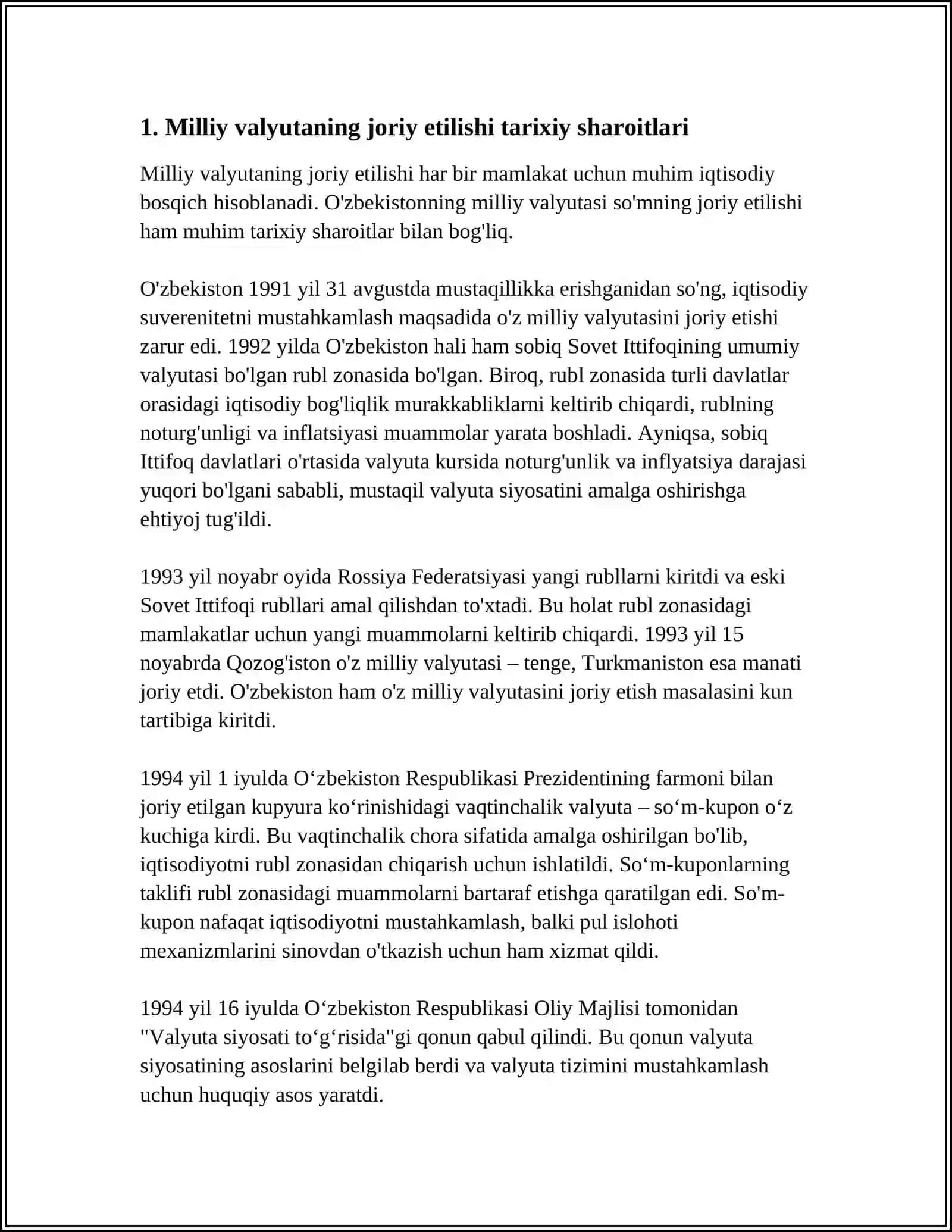 Referat Mavzusi: "O'ZBEKISTONDA MILLIY VALYUTANING MUOMALAGA KIRITILISHI" 3